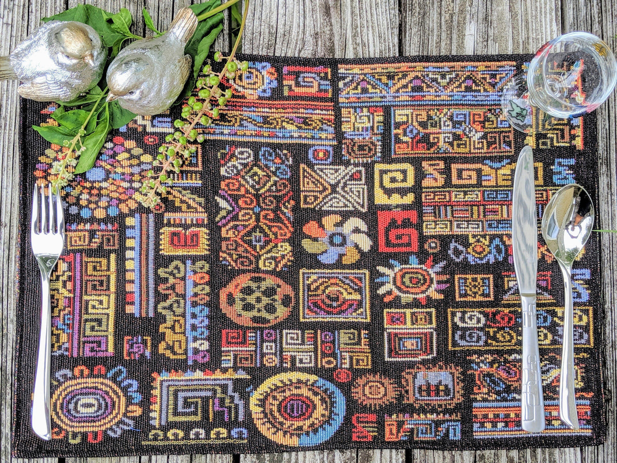 DaDa Bedding Set of 4-Pieces Ethnic Ornaments Geometric Black Tapestry Dining Placemats 13” x 19” (18118) from DaDalogy Bedding Collection