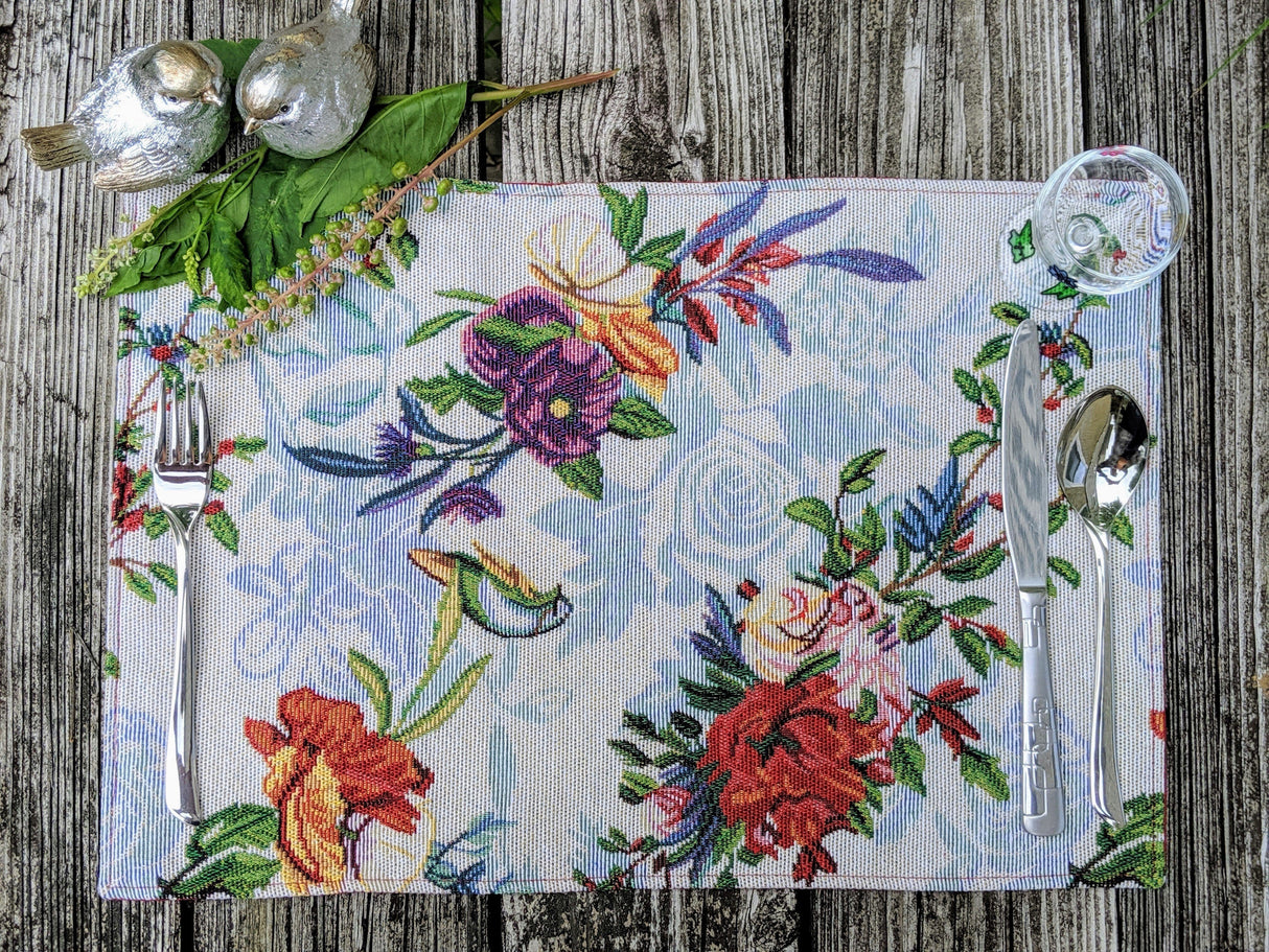 DaDa Bedding Set of 4-Pieces Tropical Sky Blue Birds Floral Tapestry Dining Table Placemats 13” x 19” (18116) from DaDalogy Bedding Collection