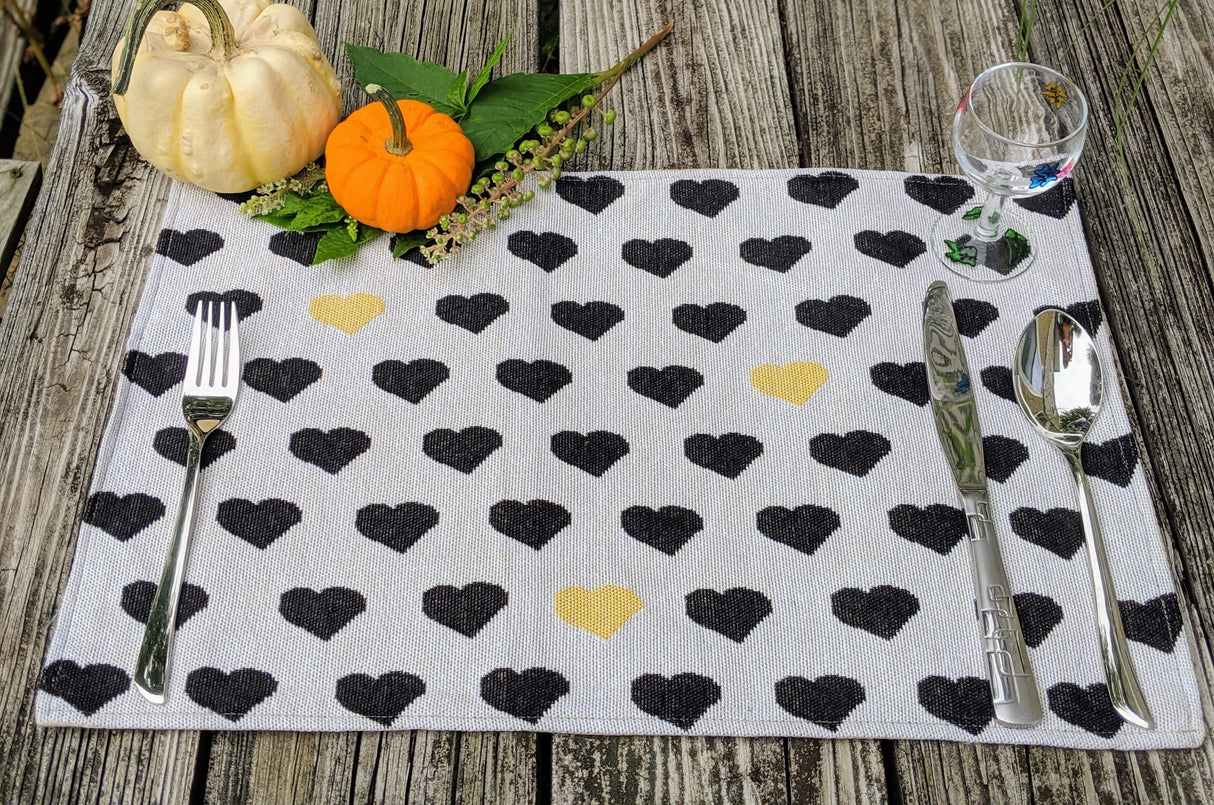 DaDa Bedding Set of 4-Pieces Lovely Yellow & Black Hearts Tapestry Dining Table Placemats 13” x 19” (18113) from DaDalogy Bedding Collection