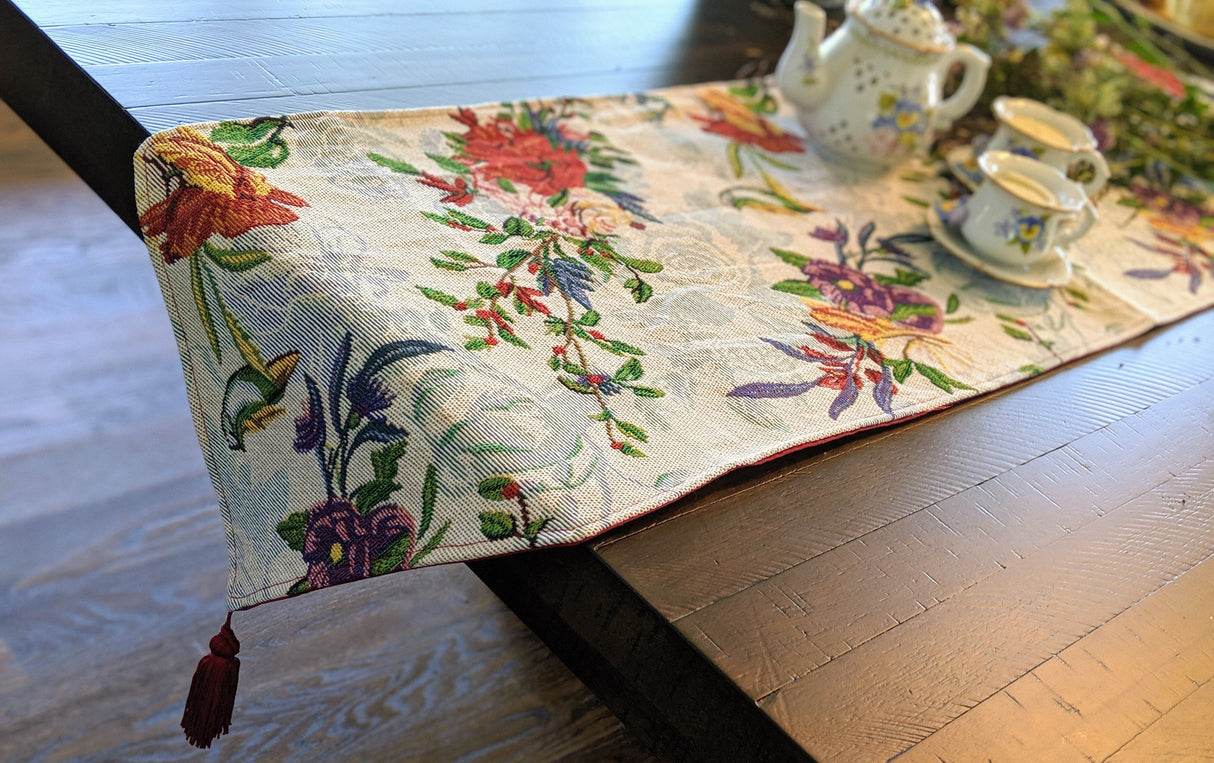 DaDa Bedding Floral Roses Tropical Paradise Birds Woven Tapestry Dining Table Runner (18116) from DaDalogy Bedding Collection