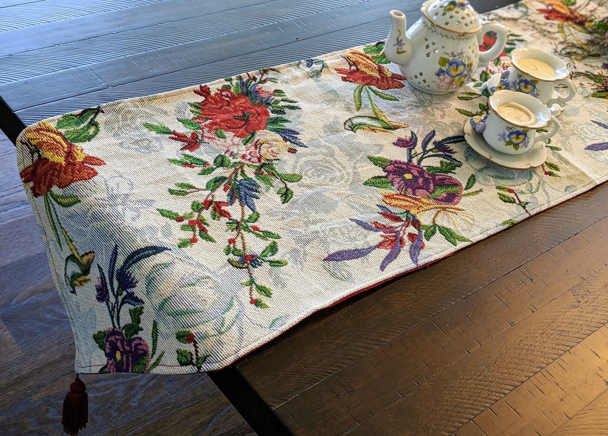 DaDa Bedding Floral Roses Tropical Paradise Birds Woven Tapestry Dining Table Runner (18116) from DaDalogy Bedding Collection
