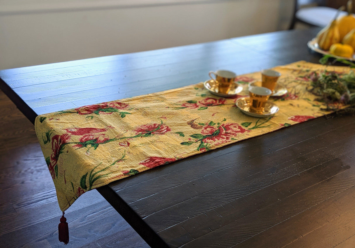 Tache Floral Red Roses Hummingbirds Golden Woven Tapestry Table Runner (18115)