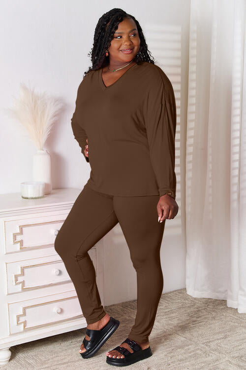 Basic Bae Full Size V-Neck Soft Rayon Long Sleeve Top and Pants Lounge Set from Enfance-Heureuse