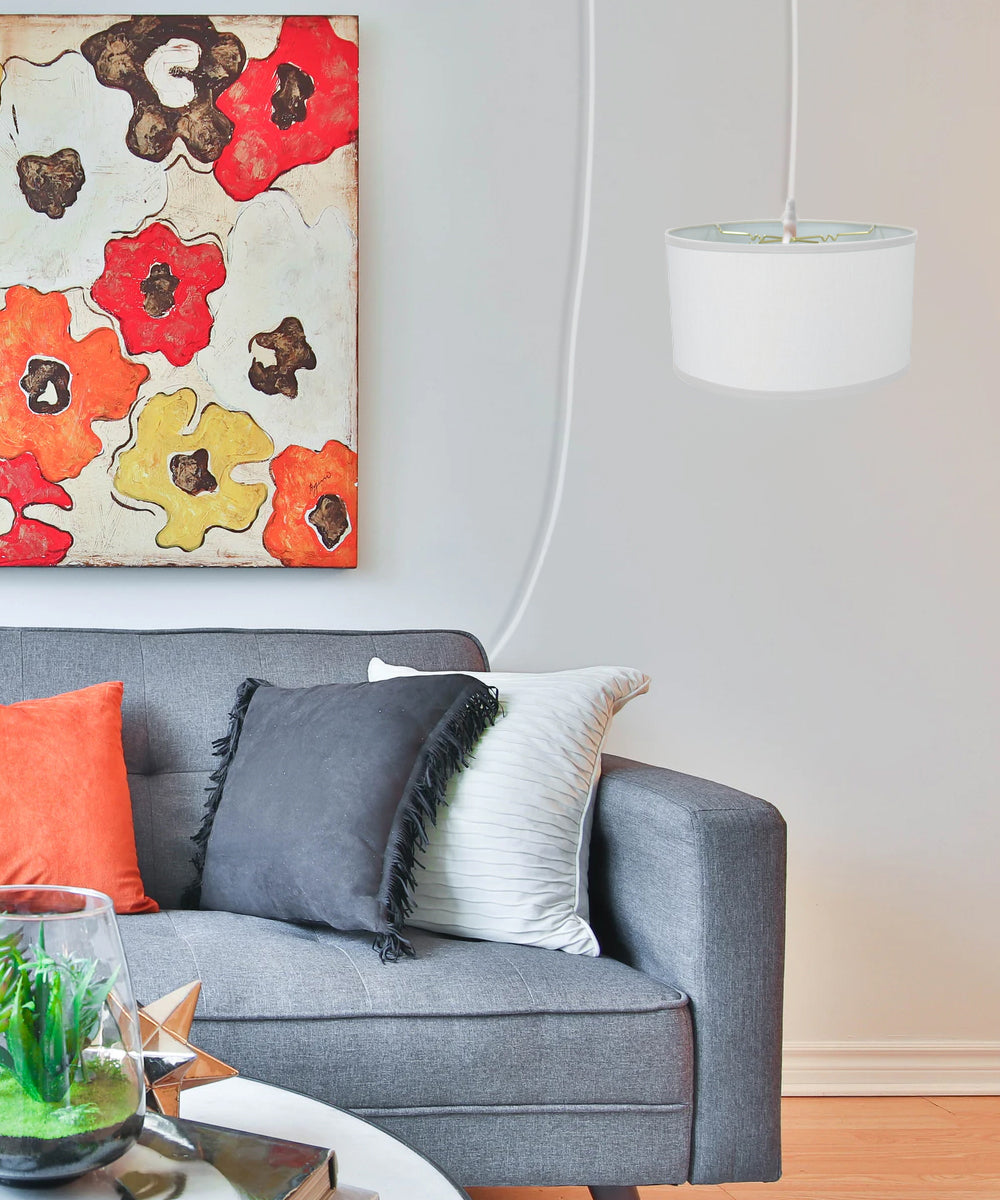 Light Swag Plug-In Pendant 18"w White Linen Shade, 17' White Cord From LampsUSA