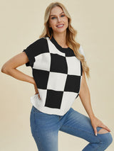 Double Take Full Size Checkered Round Neck Short Sleeve Sweater from Enfance-Heureuse