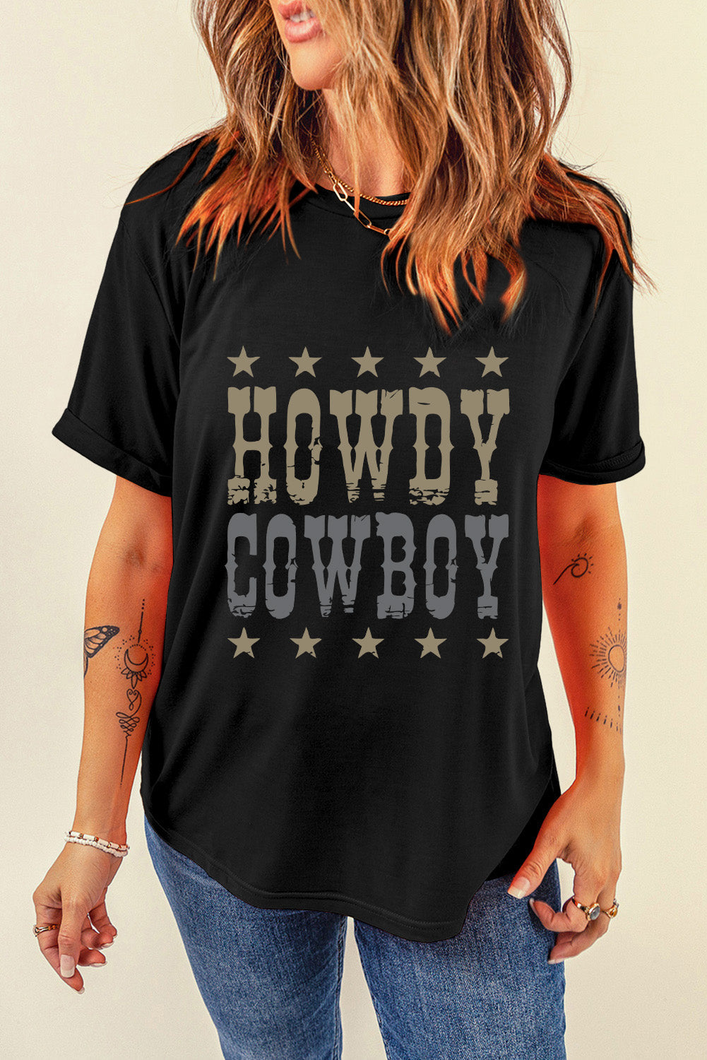 Black HOWDY COWBOY Star Print Crew Neck Loose T Shirt from MsDressly