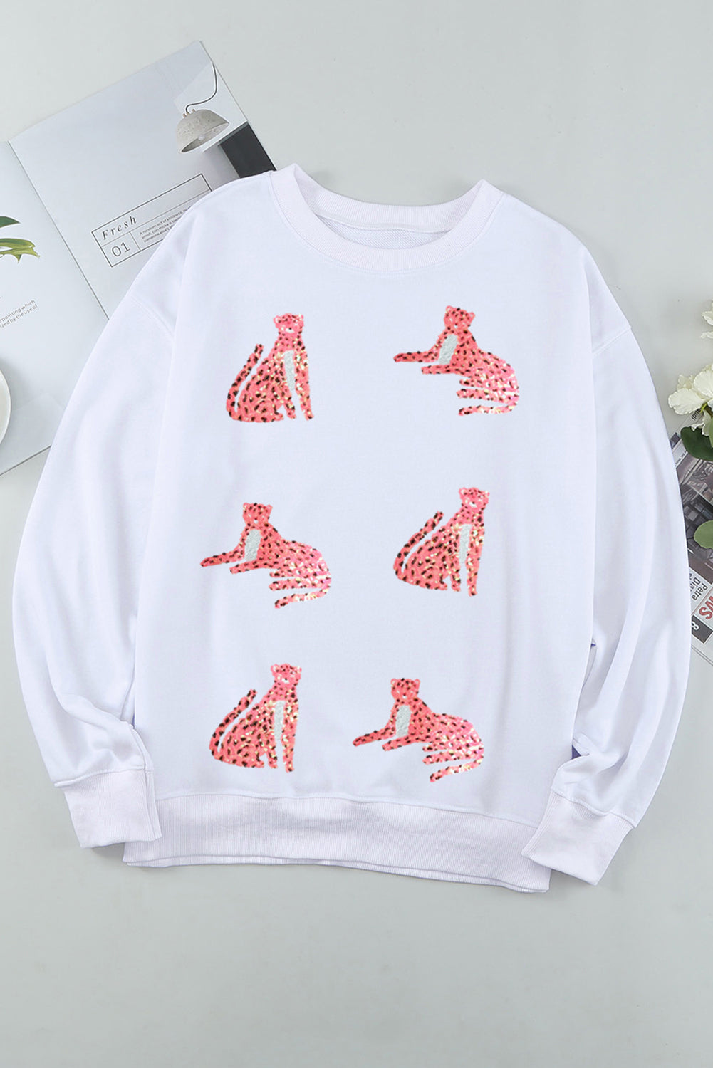 Beige Sequin Cheetah O Neck Drop Shoulder Sweatshirt from MsDressly