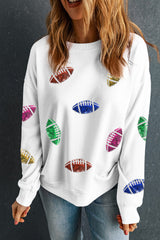 Beige Sequined Rugby Football Pattern O Neck Game Day Sweatshirt from MsDressly