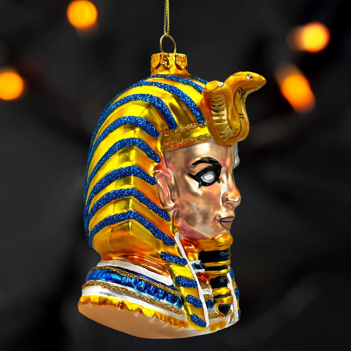 Evil Egyptian Pharoah Half Skull Head Glass Ornament, Gothic Halloween Tree Decor from OrnamentallyYou