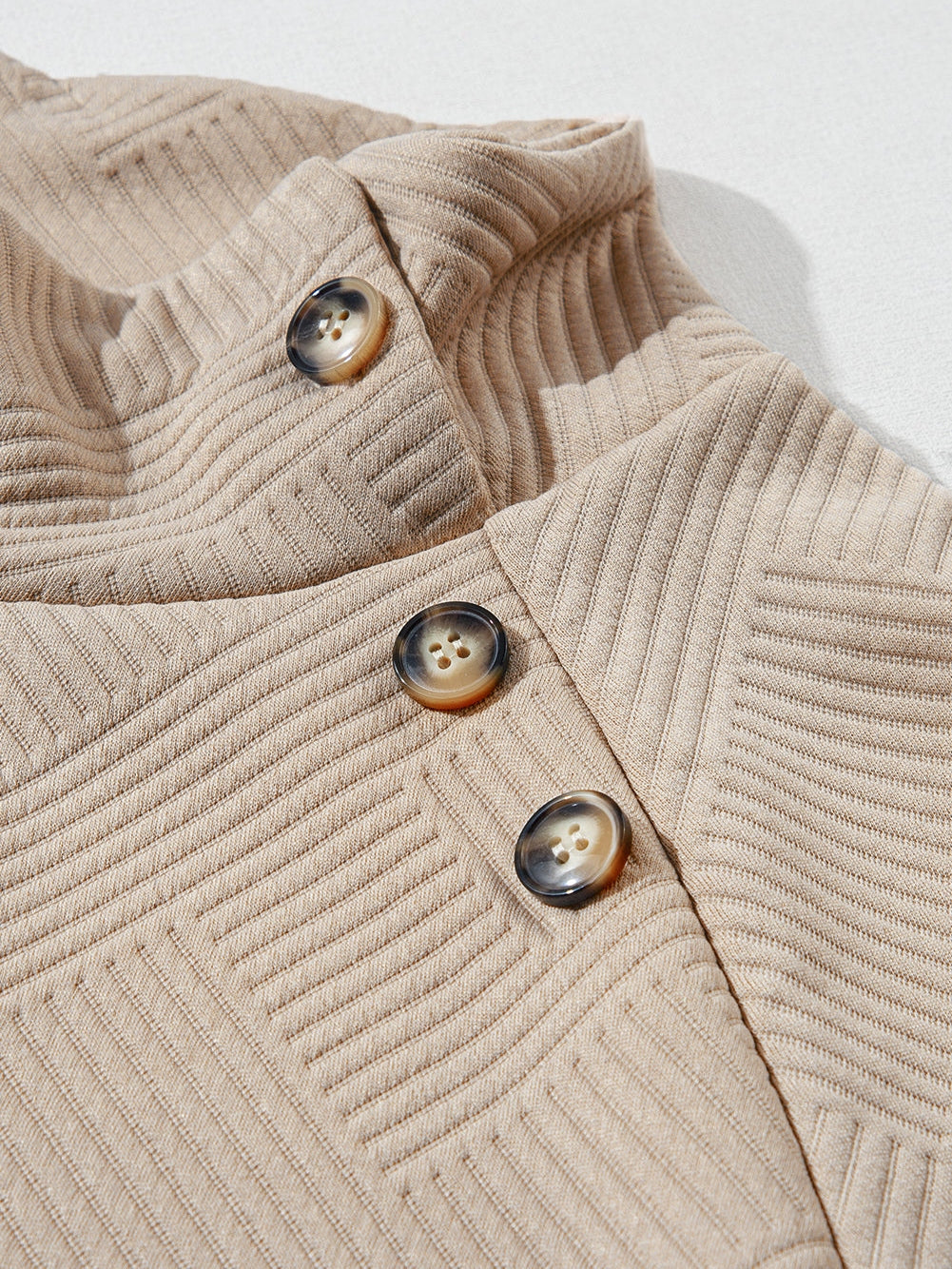 Apricot Textured High Neck Sweatshirt with Unique Asymmetrical Buttons from MsDressly