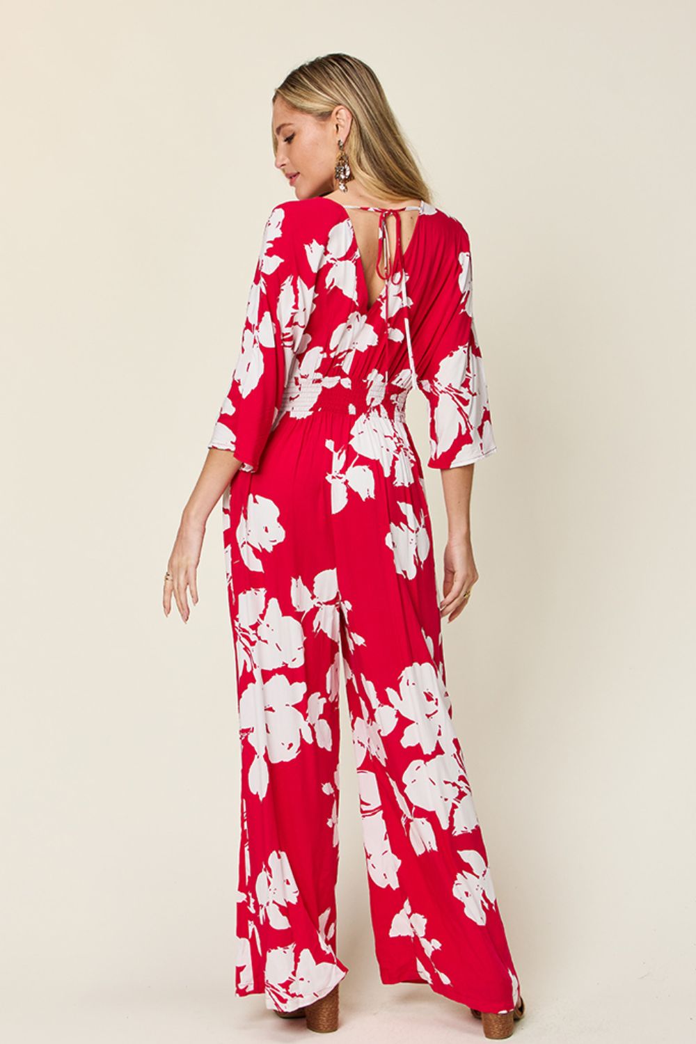 Double Take Full Size Printed Tie Back Wide Leg Jumpsuit from Enfance-Heureuse