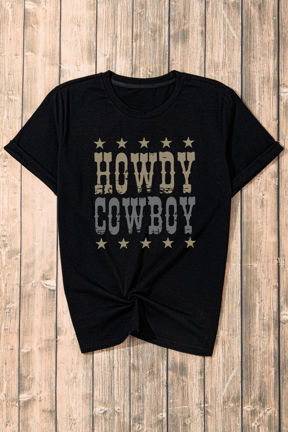 Black HOWDY COWBOY Star Print Crew Neck Loose T Shirt from MsDressly