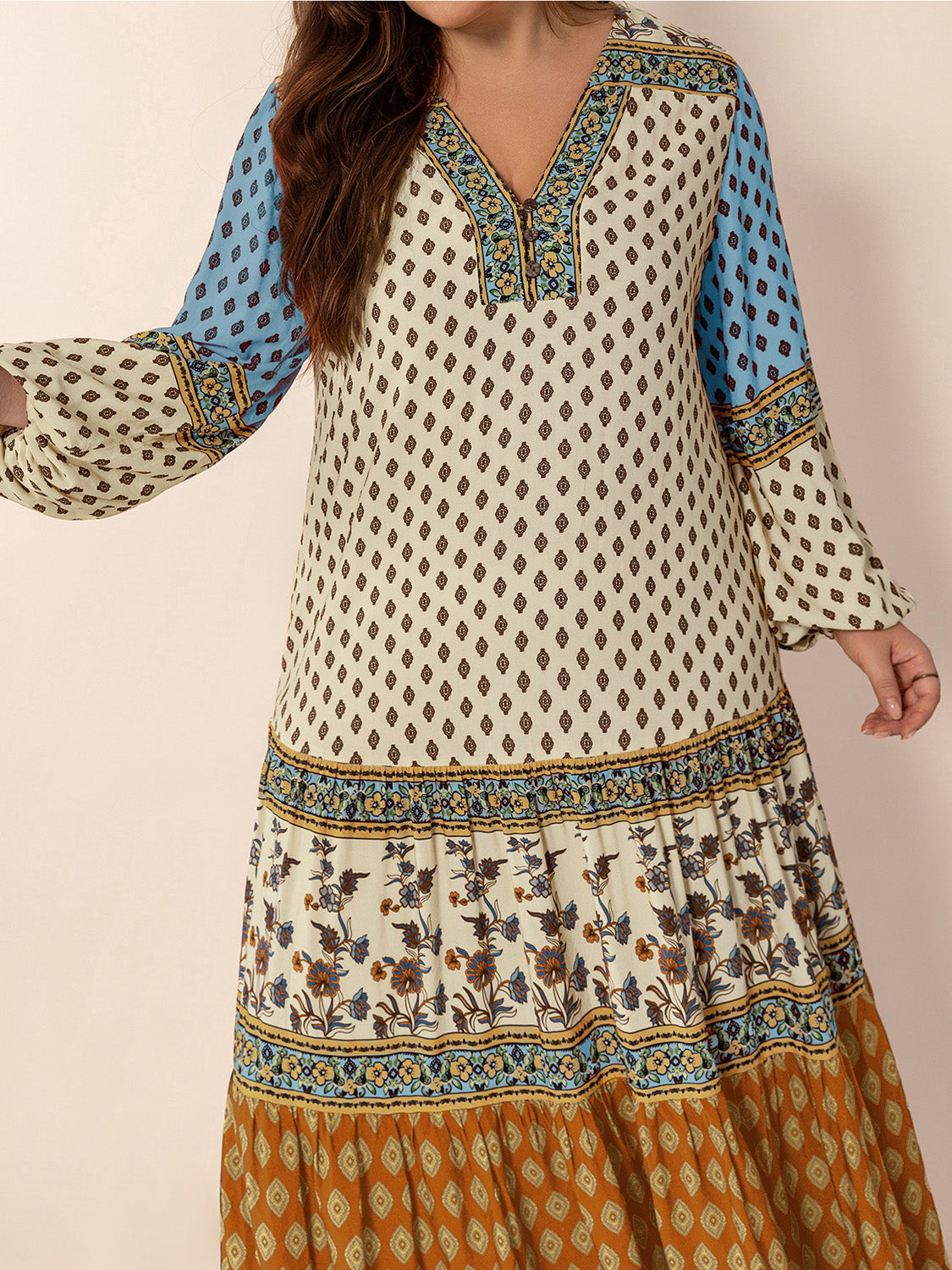 Plus Size Printed V-Neck Balloon Sleeve Maxi Dress from Enfance-Heureuse