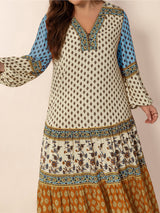 Plus Size Printed V-Neck Balloon Sleeve Maxi Dress from Enfance-Heureuse