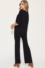 Basic Bae Full Size Bamboo Drop Shoulder T-Shirt and Flare Pants Set from Enfance-Heureuse