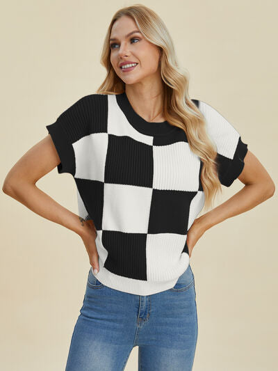 Double Take Full Size Checkered Round Neck Short Sleeve Sweater from Enfance-Heureuse