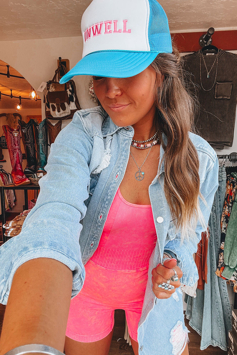 Beau Blue Light Wash Distressed Frayed Long Denim Jacket from MsDressly