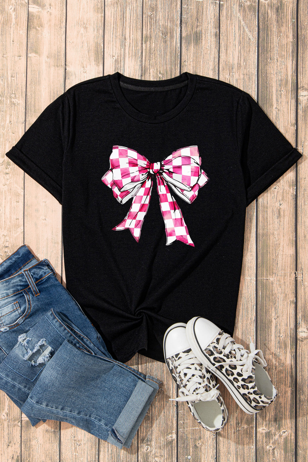 Black Checkerboard Bowknot Graphic Crewneck T Shirt from MsDressly