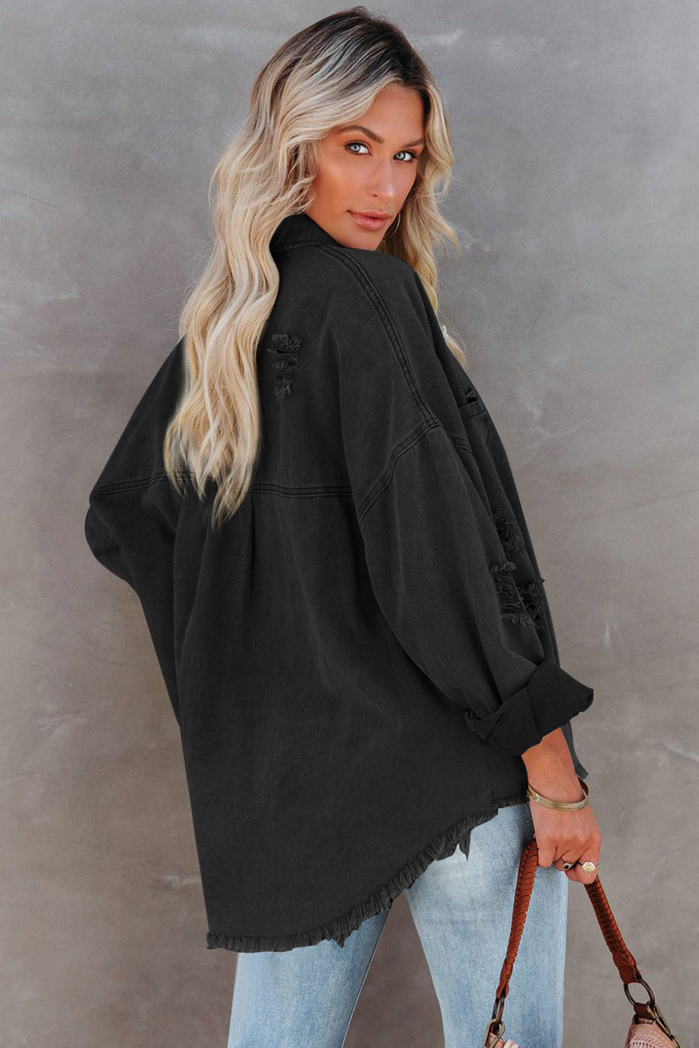 Black Distressed Fringe Trim Denim Jacket from MsDressly