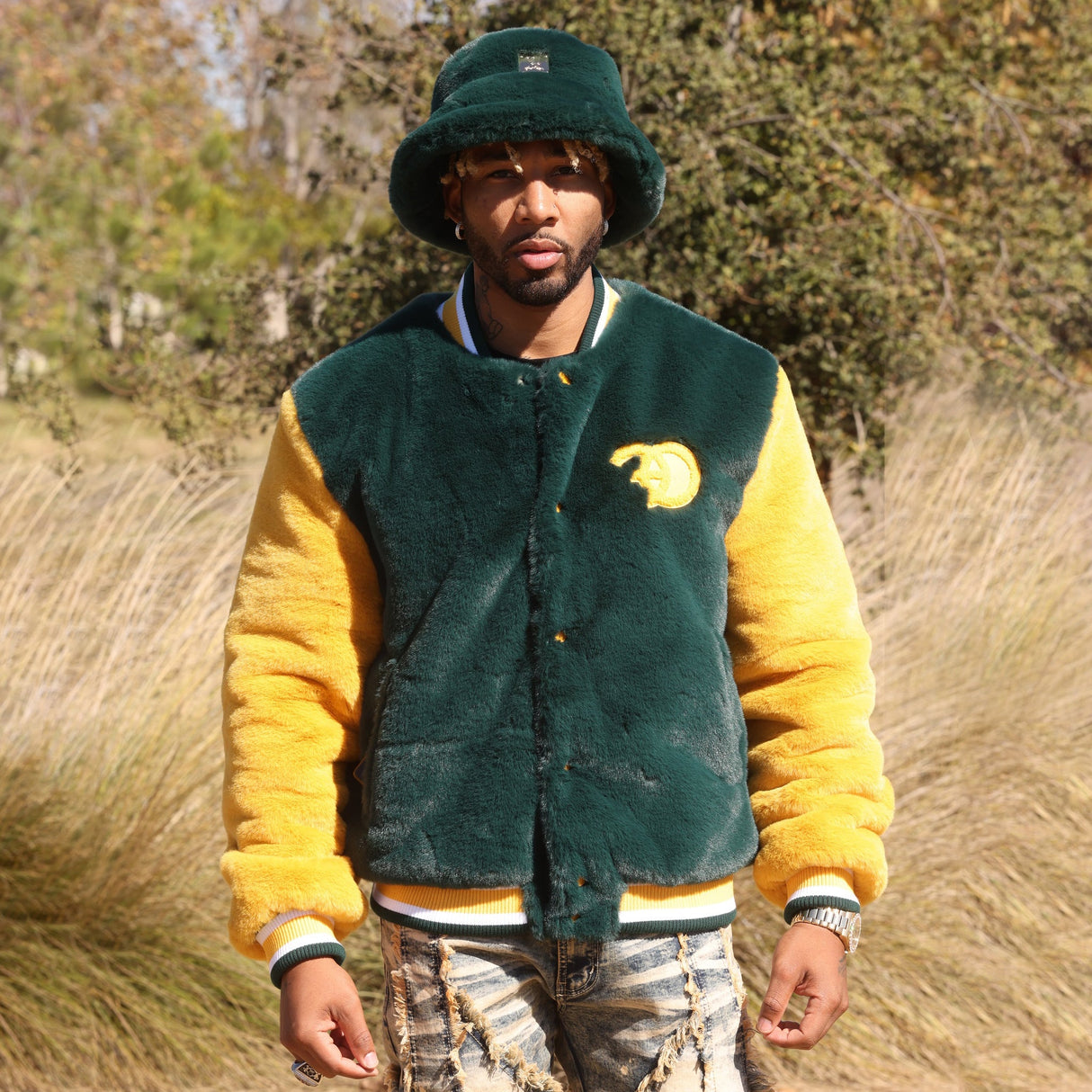 F1010 Marc Rabbit Fur Varsity Jacket - Green From Makobi Jeans USA
