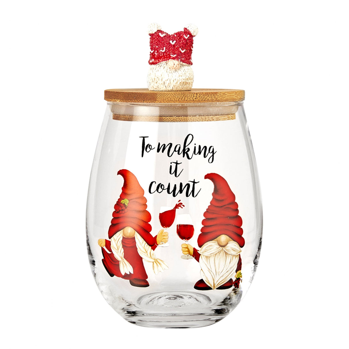Christmas Gnome Wine & Water Glasses With Dwarf Wood Cover - Set of 2-17.5oz - Santa Holiday Festive Gnomes Stemless Clear Wine Glass For Red Or White Wine - Wines Glass for Women Friends Men Sister from The Wine Savant