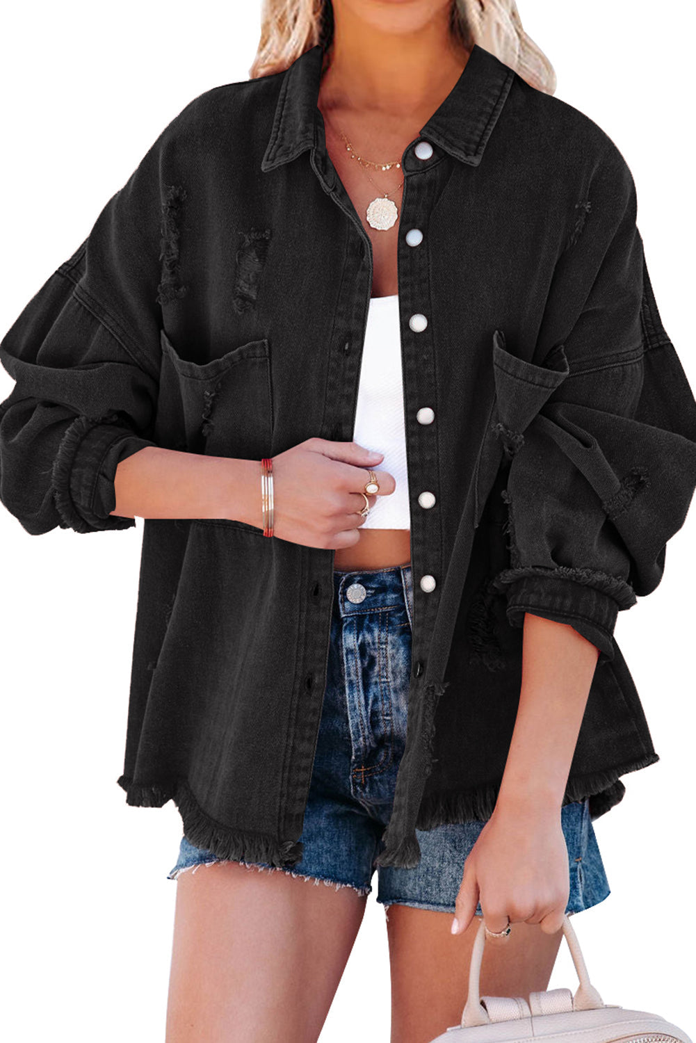 Black Distressed Fringe Trim Denim Jacket from MsDressly