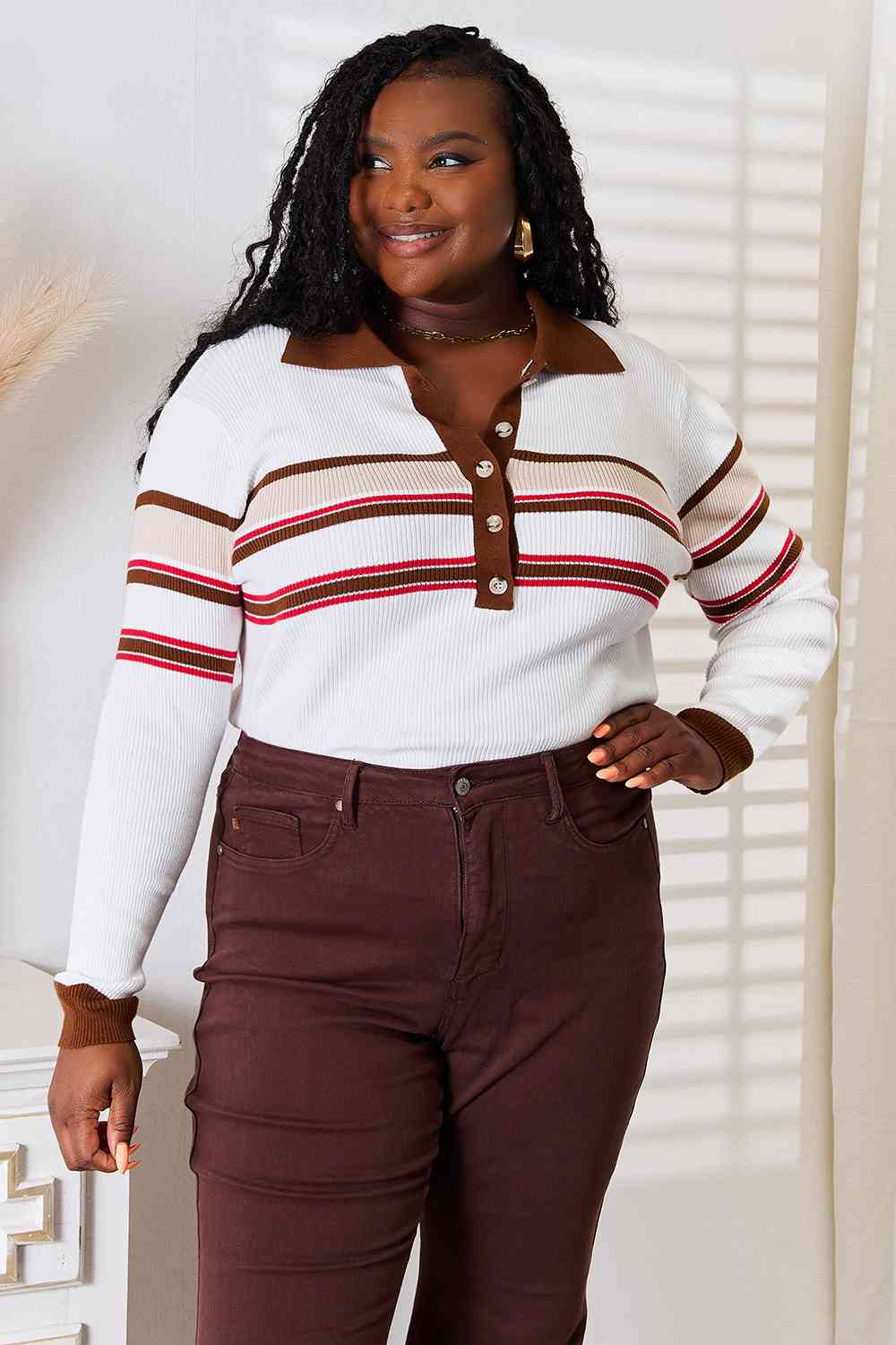 Basic Bae Striped Collared Neck Rib-Knit Top from Enfance-Heureuse