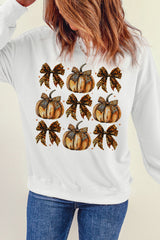 Beige Pumpkin Leopard Bow Knot Print Pullover Sweatshirt from MsDressly
