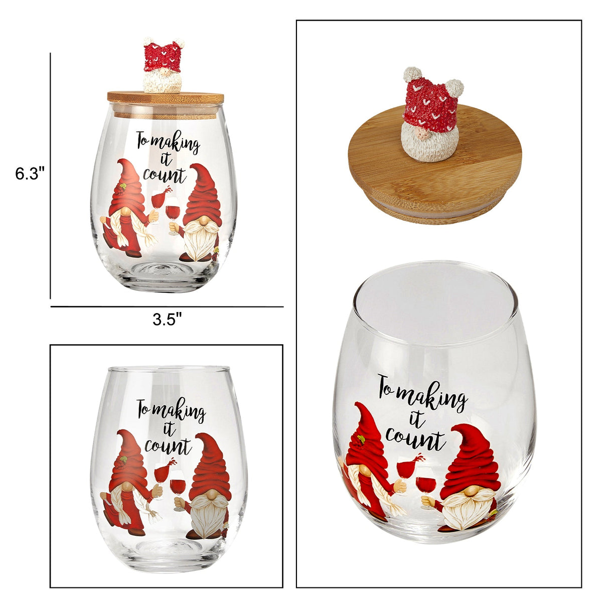 Christmas Gnome Wine & Water Glasses With Dwarf Wood Cover - Set of 2-17.5oz - Santa Holiday Festive Gnomes Stemless Clear Wine Glass For Red Or White Wine - Wines Glass for Women Friends Men Sister from The Wine Savant