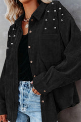 Black Beads Stud Corduroy Button up Shacket from MsDressly