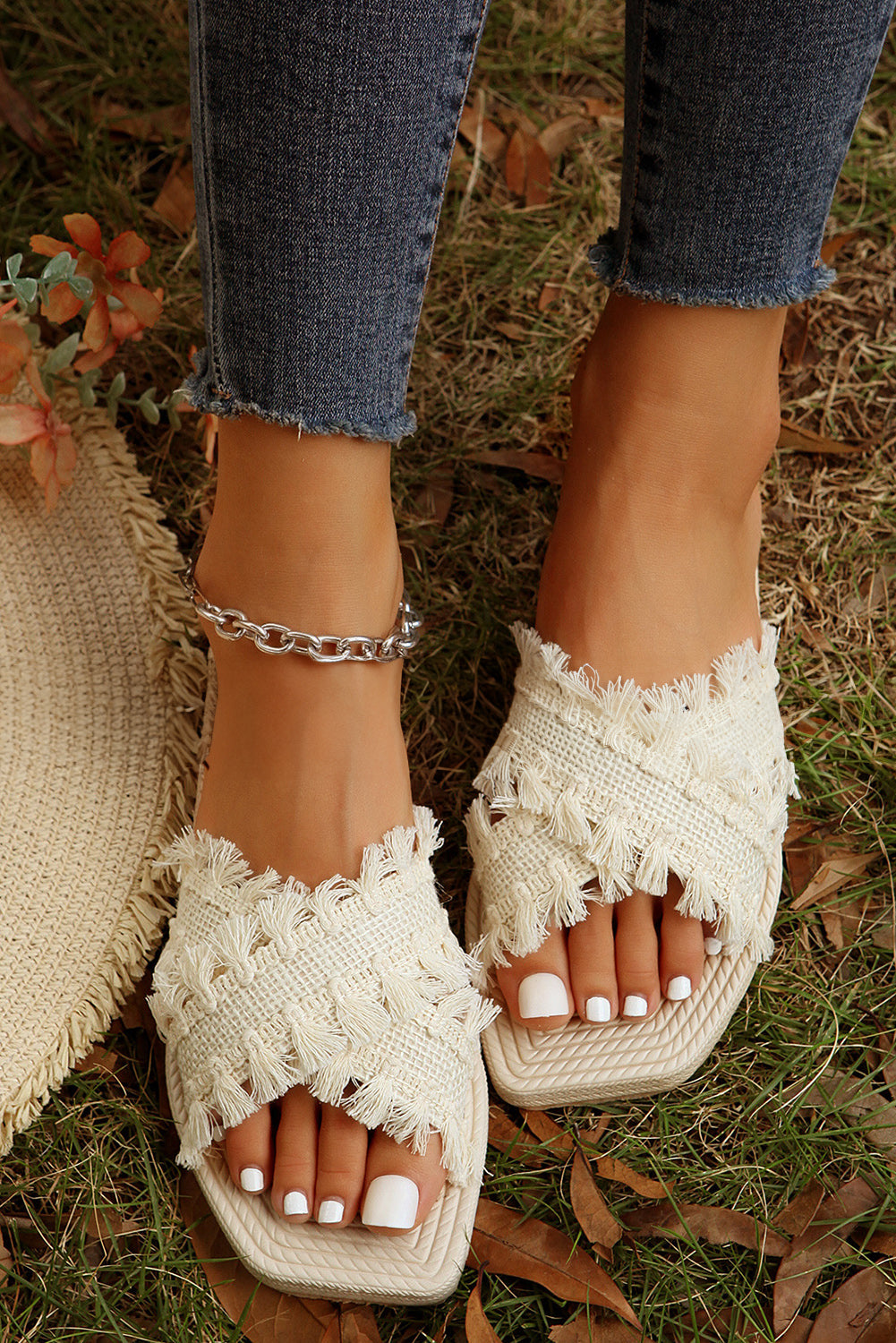 Vada Tassel Woven Crossed Straps Flat Slippers from Threaded Pear