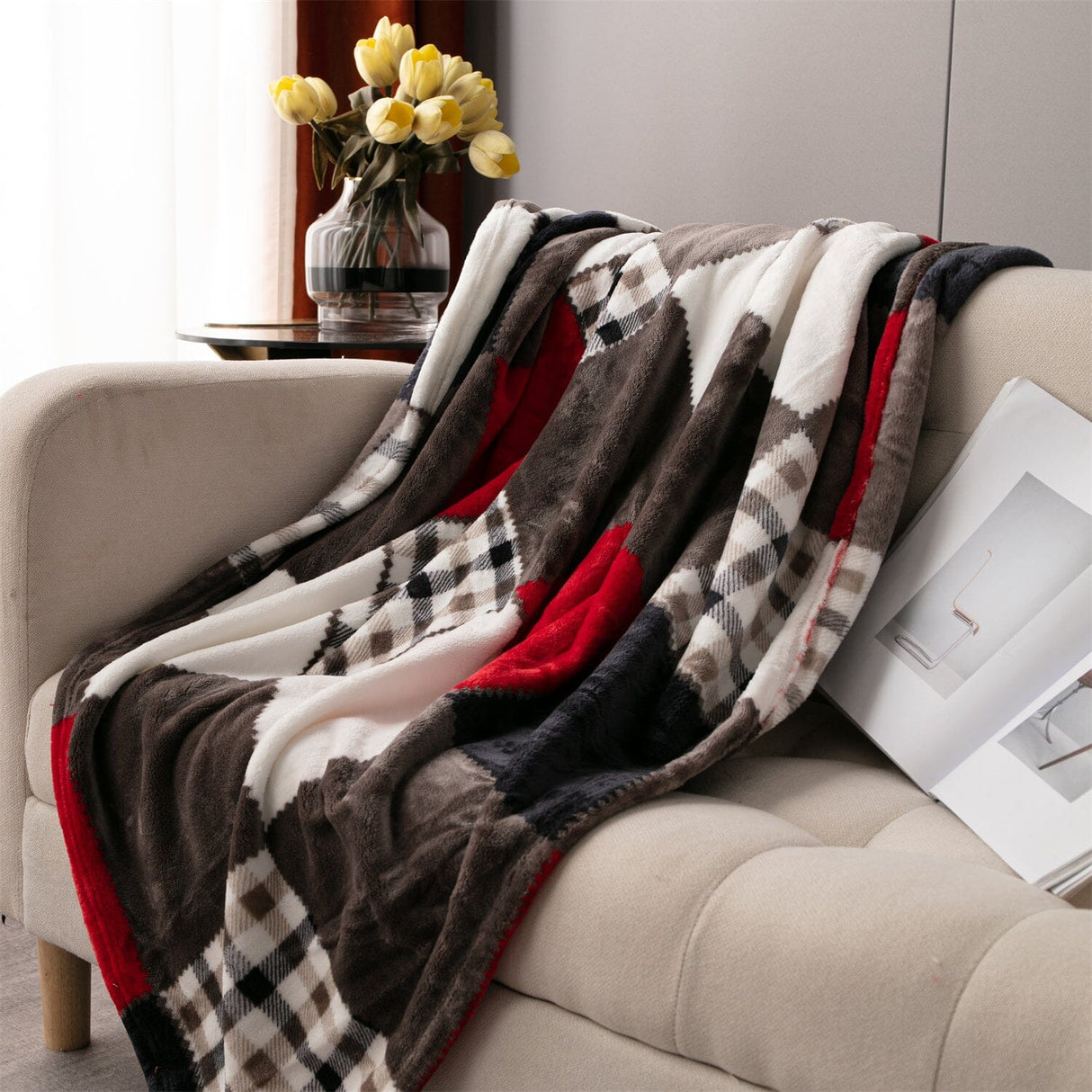 Tache Brown Red Sunset Maple Farmhouse Plaid Patchwork Throw Blanket (4025)