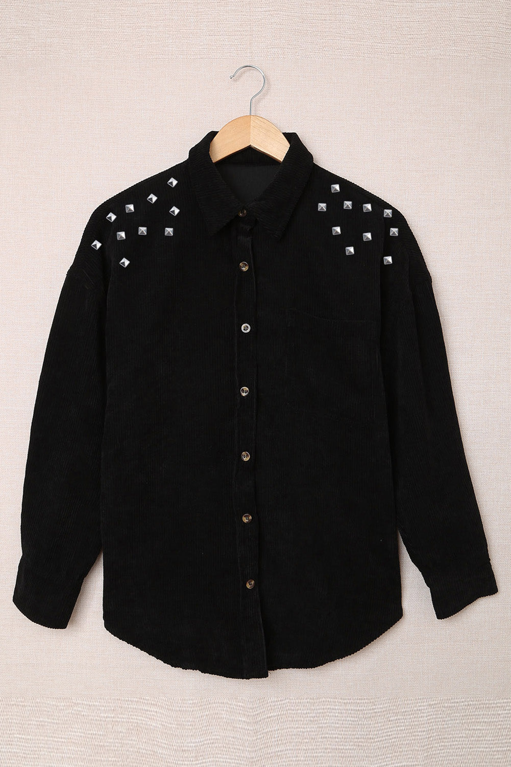 Black Beads Stud Corduroy Button up Shacket from MsDressly