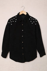 Black Beads Stud Corduroy Button up Shacket from MsDressly