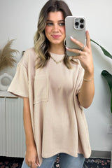 Beige Corded Knit Pocketed Loose Fit T Shirt from MsDressly