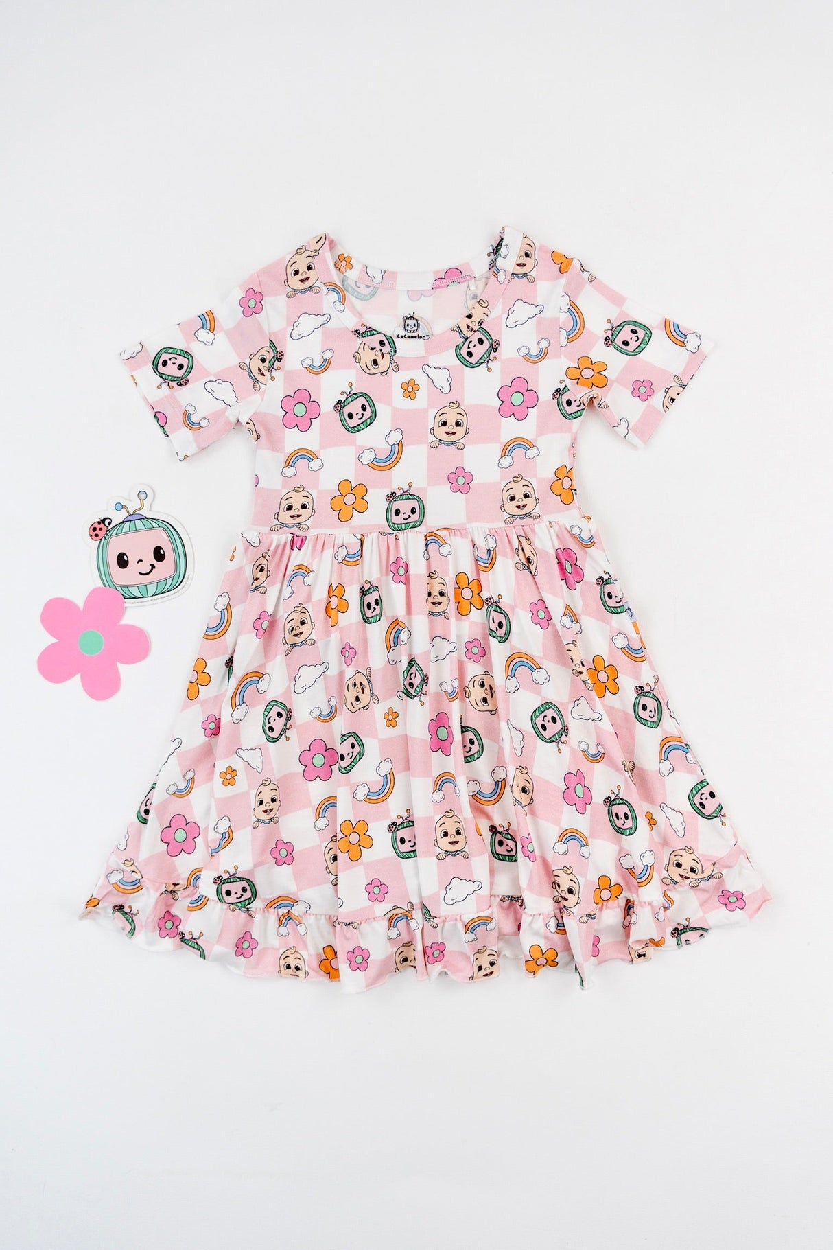 Dream Big Little Co x CoComelon JJ RAINBOW CHECKERS SHORT SLEEVE DREAM RUFFLE DRESS from DREAM BIG LITTLE CO