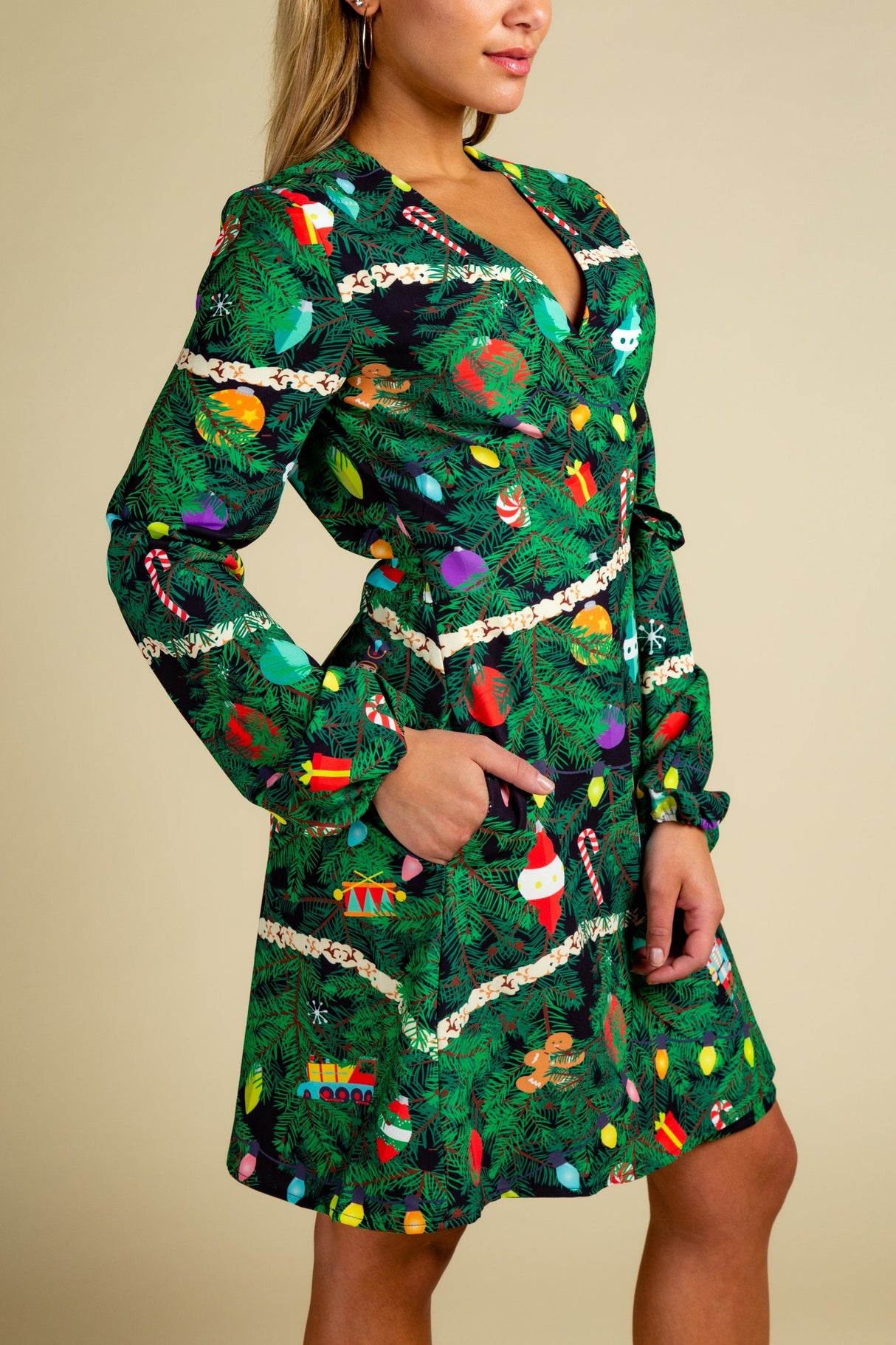 The Christmas Tree Camo | Christmas Tree Print Wrap Dress from Shinesty