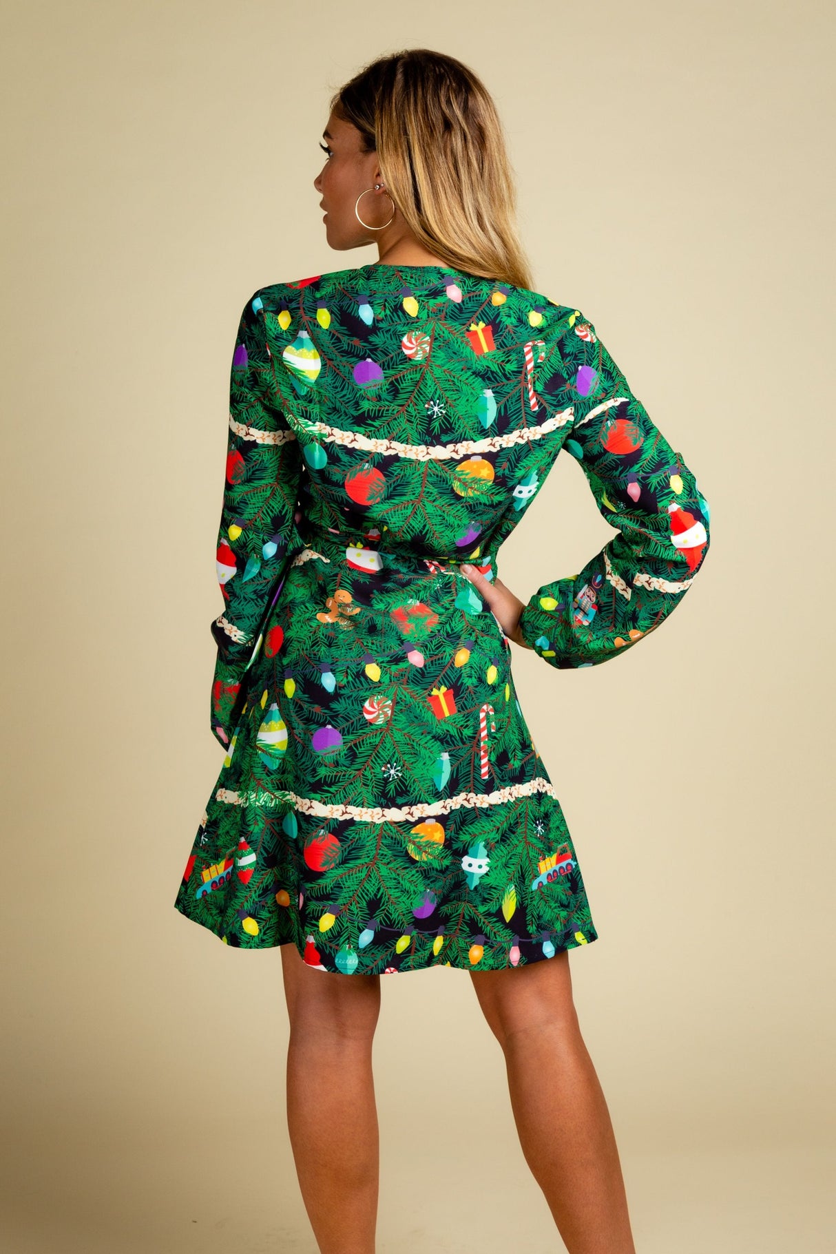 The Christmas Tree Camo | Christmas Tree Print Wrap Dress from Shinesty
