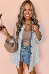 Black Stripe Roll-tab Sleeve Pocketed Long Shirt from MsDressly