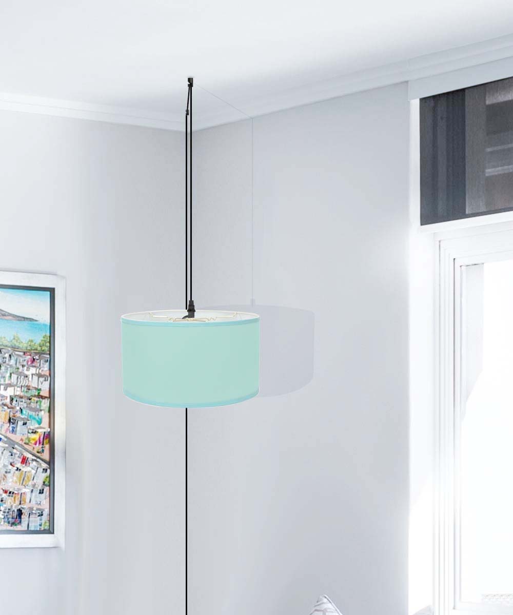 Light Swag Plug-In Pendant 16"w Island Paradise Linen Drum Shade, 17' Black Cord From LampsUSA