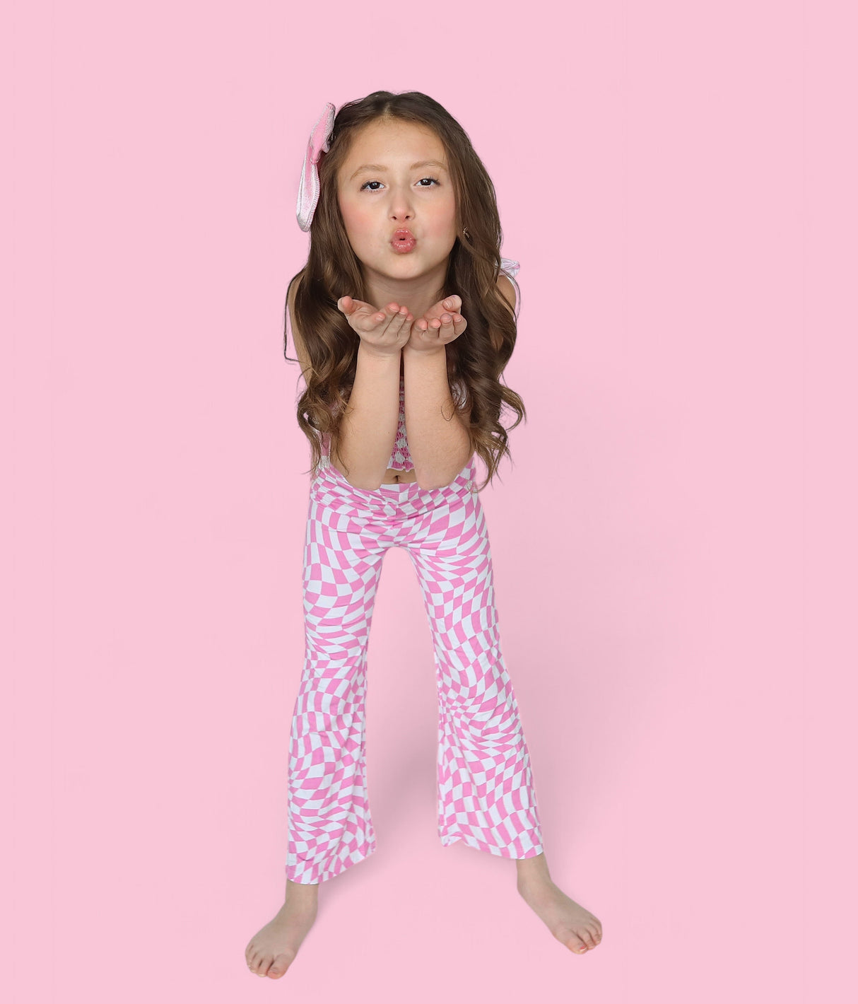 BUBBLEGUM WAVY CHECKERS DREAM SMOCKED FLARE SET from DREAM BIG LITTLE CO