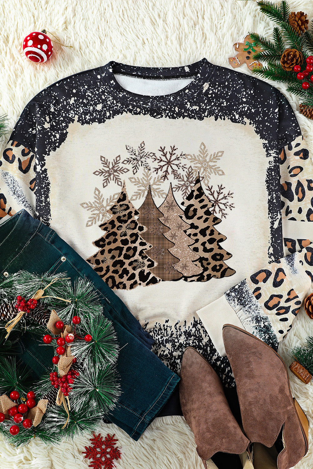 Black Christmas Tree Leopard Color Block Pullover Sweatshirt from MsDressly