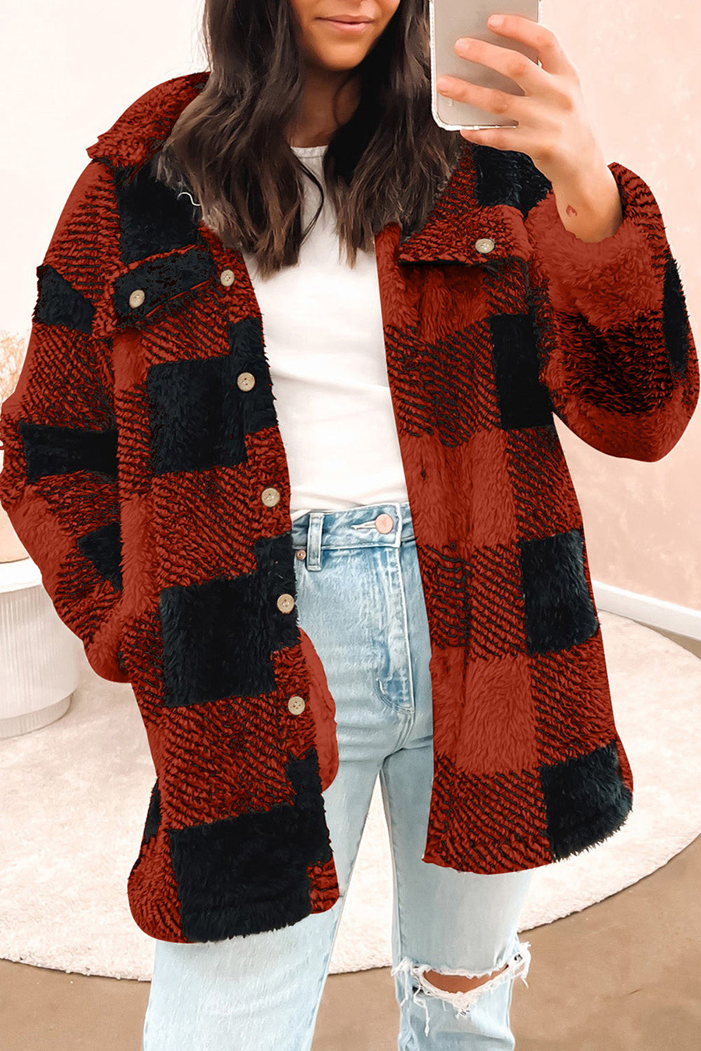 Brown Fuzzy Plaid Flap Button Up Midi Coat From MsDressly