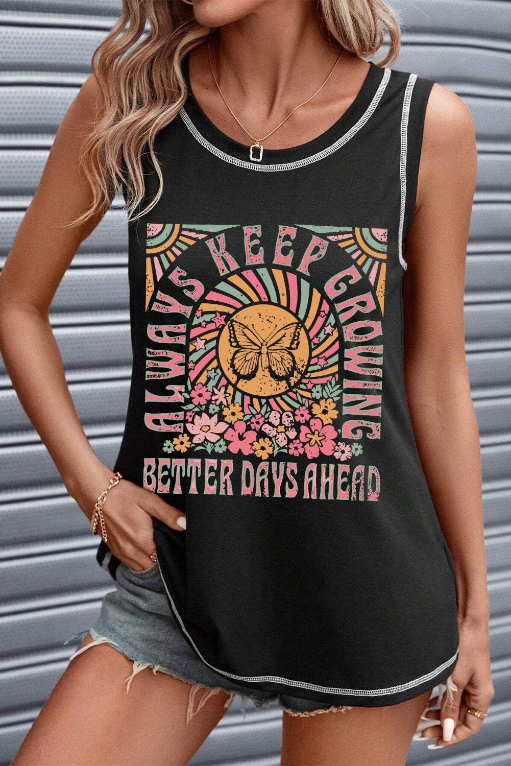 Black Letters Butterfly Floral Printed Stitching Crewneck Tank Top From MsDressly