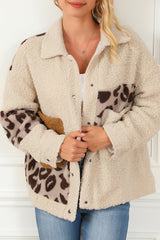 Beige Leopard Patchwork Snap Buttons Sherpa Jacket from MsDressly