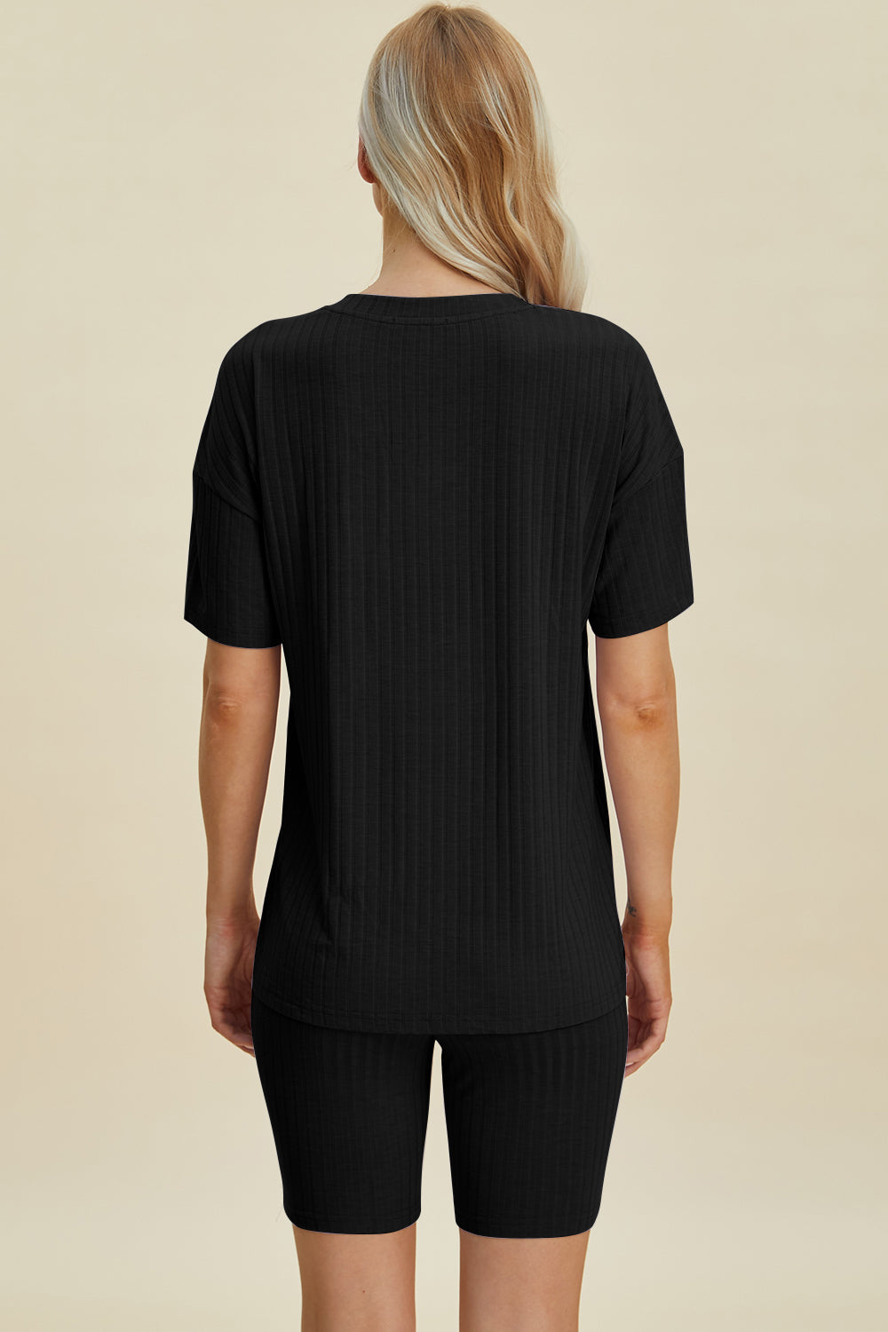 Basic Bae Full Size Ribbed V-Neck Short Sleeve Top and Shorts Set from Enfance-Heureuse