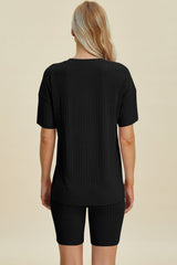 Basic Bae Full Size Ribbed V-Neck Short Sleeve Top and Shorts Set from Enfance-Heureuse