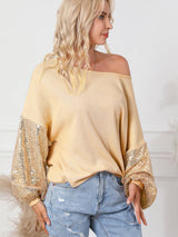 Apricot Sequin Patchwork Waffle Knit Open Back Top with Long Sleeves from MsDressly