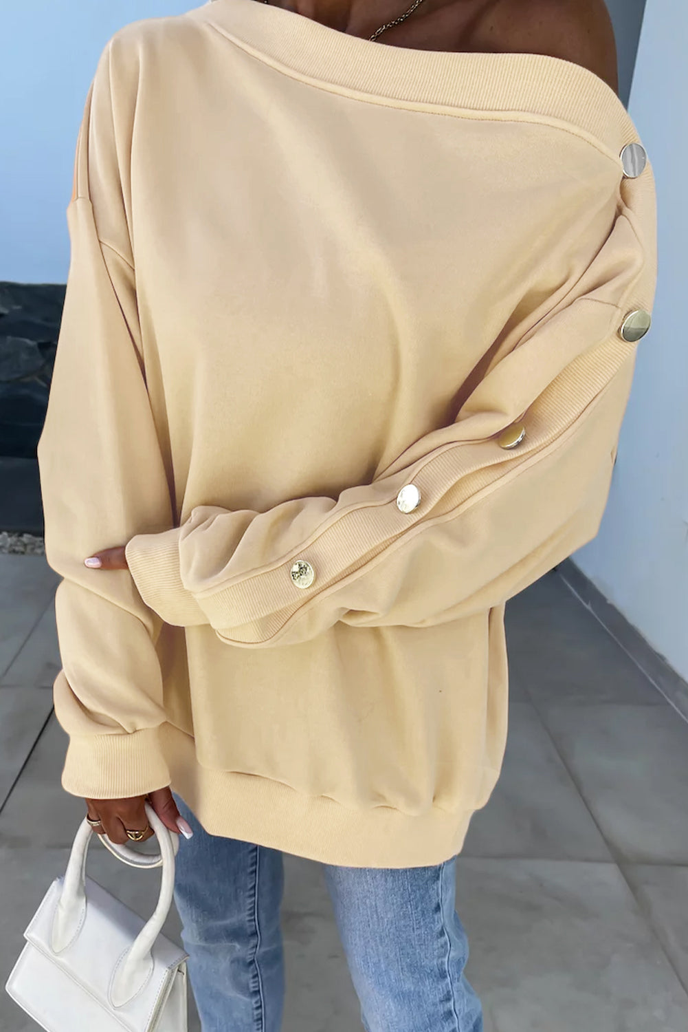 Beige Buttoned Sleeve Dropped Shoulder Sweatshirt from MsDressly
