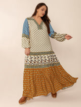 Plus Size Printed V-Neck Balloon Sleeve Maxi Dress from Enfance-Heureuse